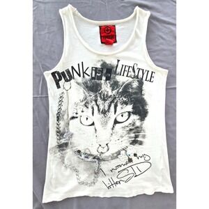 Tough Punk is Lifestyle Cat White Tank Top Silver Chain Lace Rhinestone Y2K